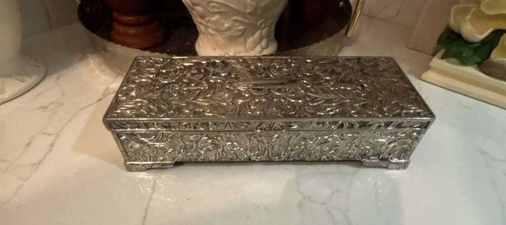 Vintage Silver Plated Jewelry Box with Mirror and Velvet Lining